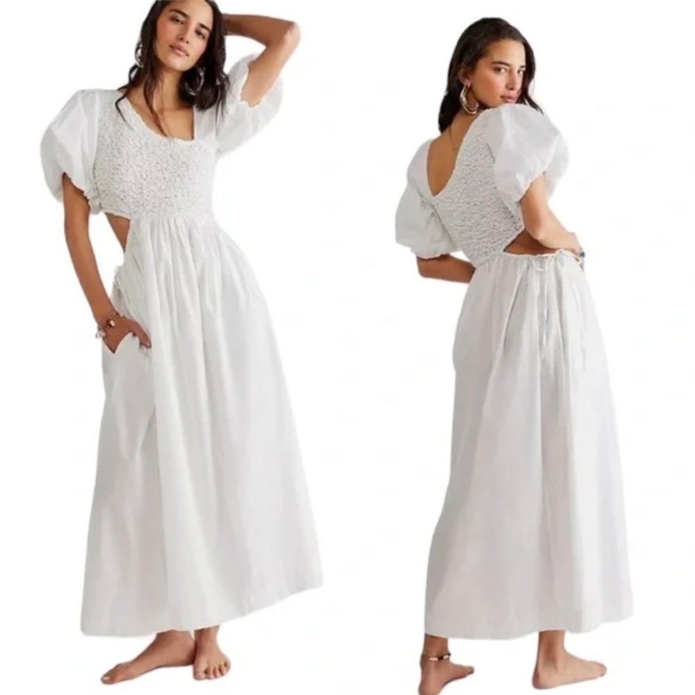 Free People White Maxi Dress with Smocked Bodice